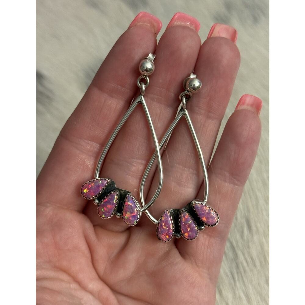 Sterling Silver Pink Fire Opal 3 Stone Tear Drop Half cluster Hoop Earrings